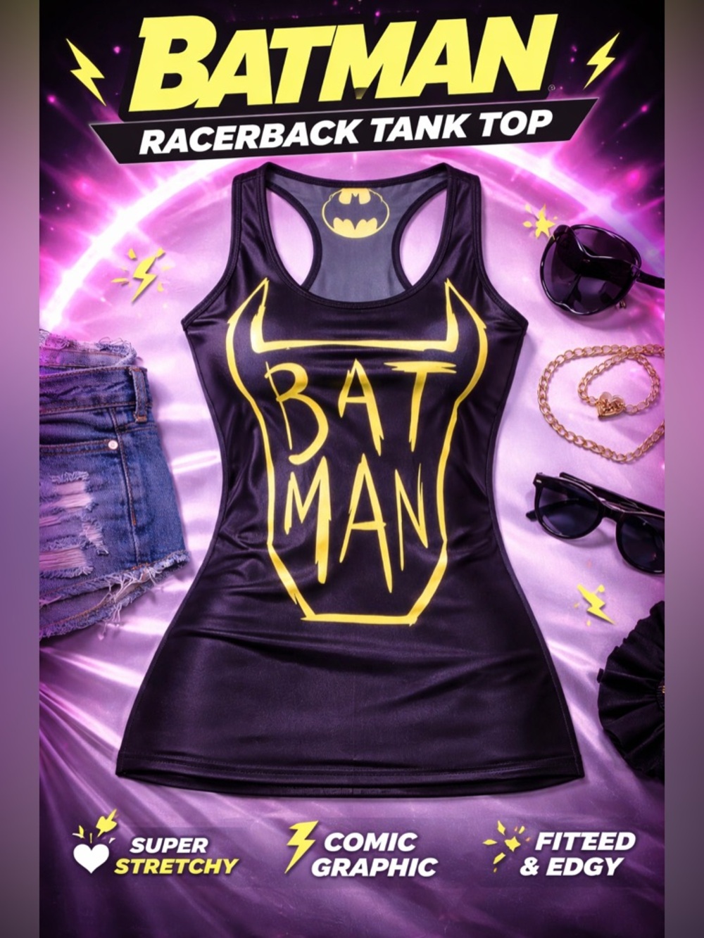 🦇Batman Graphic Stretchy Racerback Tank Top Black Fitted Comic Tee